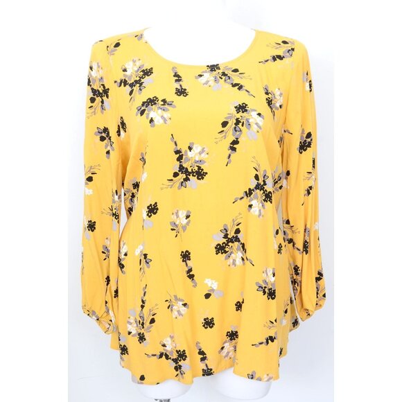 Lane Bryant PLUS Size 16 Yellow Black Floral Tie-Back Long Sleeve Blouse Top NWT - Picture 1 of 9